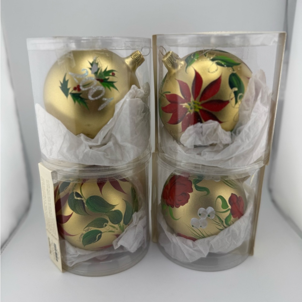 Pier 1 Gold Floral Poinsettia Holiday Ornaments Set of 4